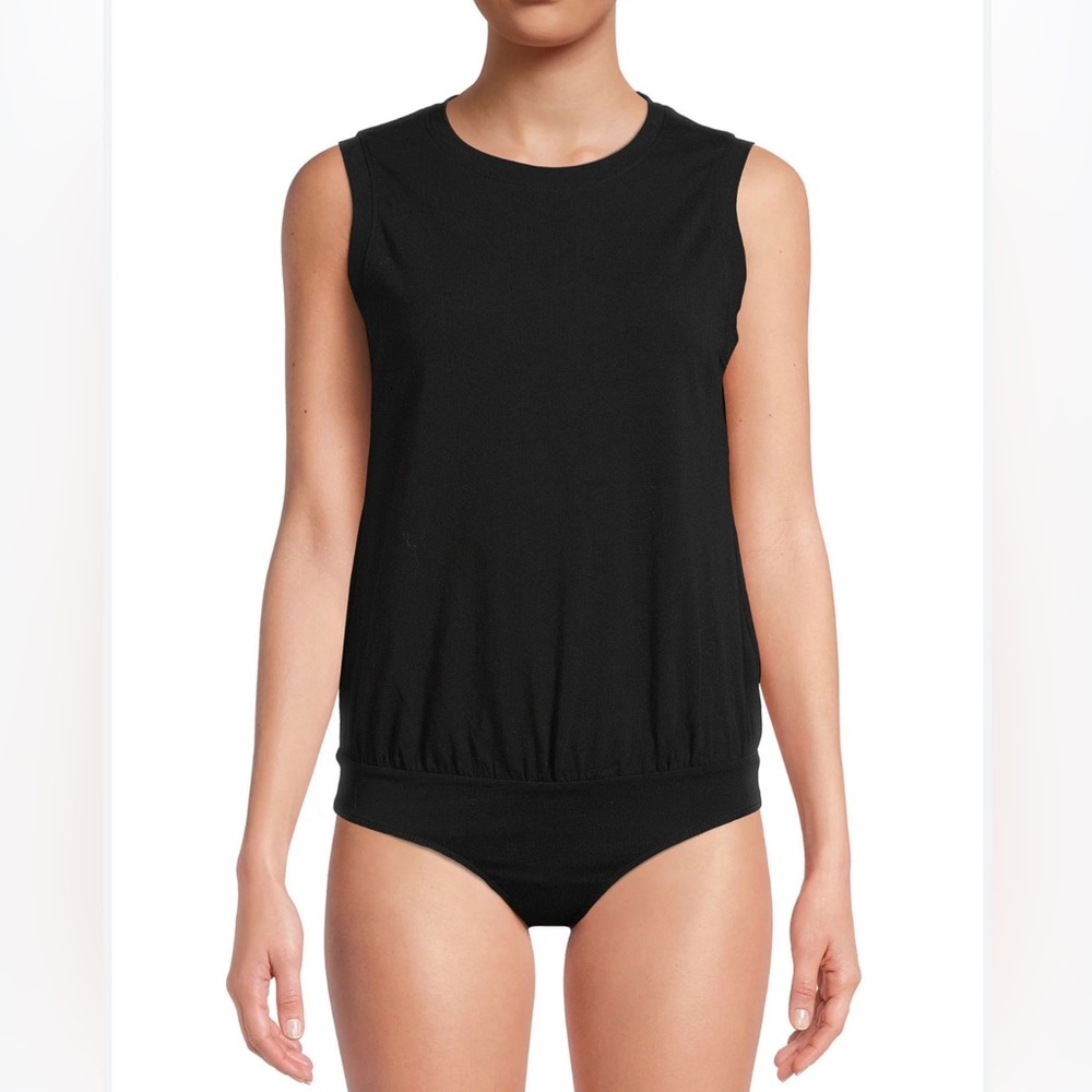 Women's Bubble Hem Muscle Tank Bodysuit Black size S, sleeveless crew neck, NWOT